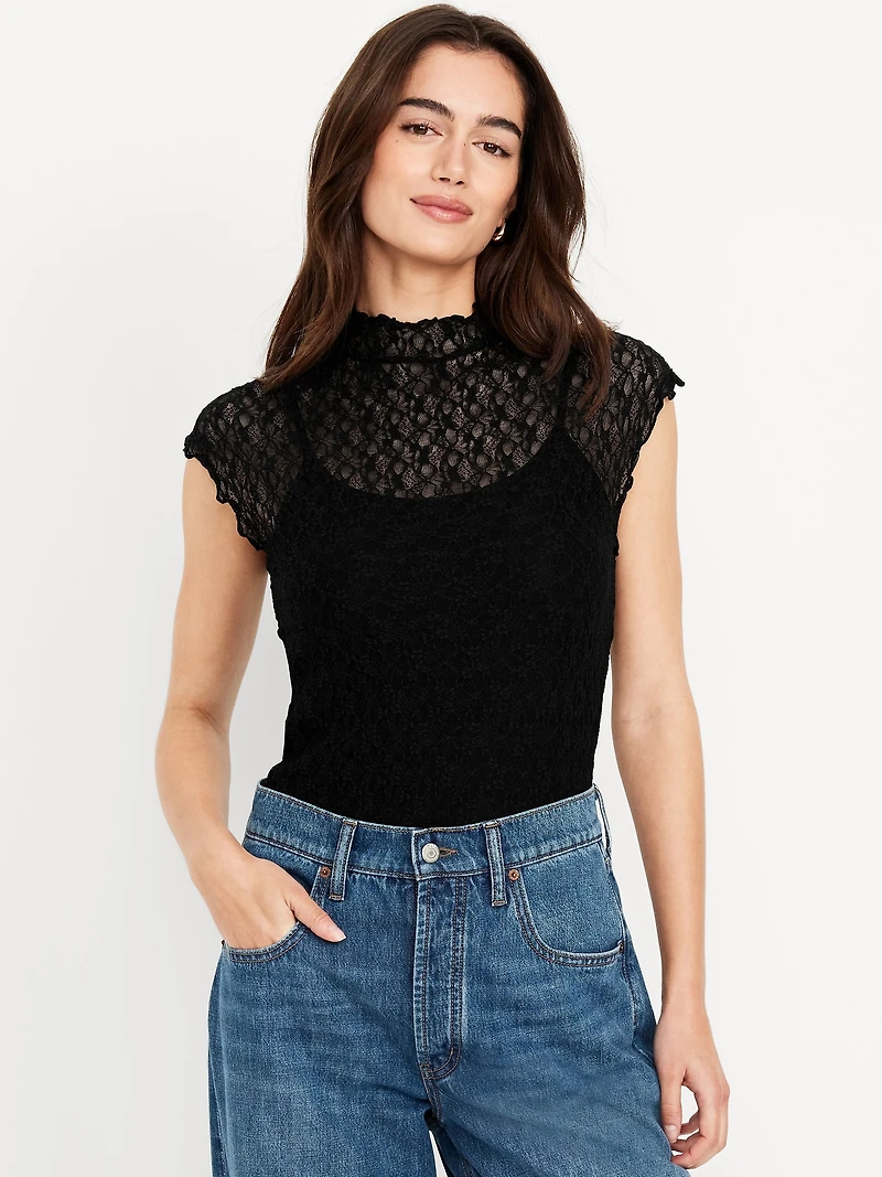 Mock-Neck Lace Top
