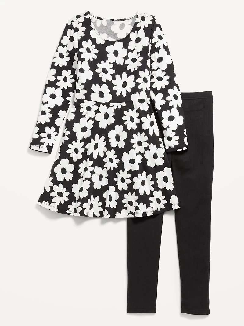 Long-Sleeve Fit and Flare Dress Leggings Set for Girls