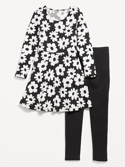 Long-Sleeve Fit and Flare Dress Leggings Set for Girls