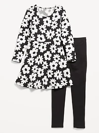 Long-Sleeve Fit and Flare Dress Leggings Set for Girls