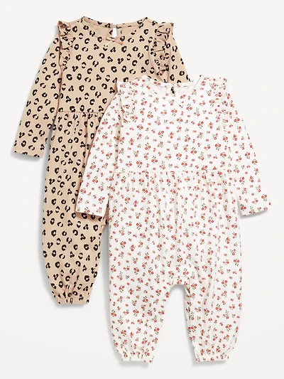 Printed Long-Sleeve Ruffle-Trim One-Piece 2-Pack for Baby