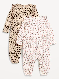 Printed Long-Sleeve Ruffle-Trim One-Piece 2-Pack for Baby