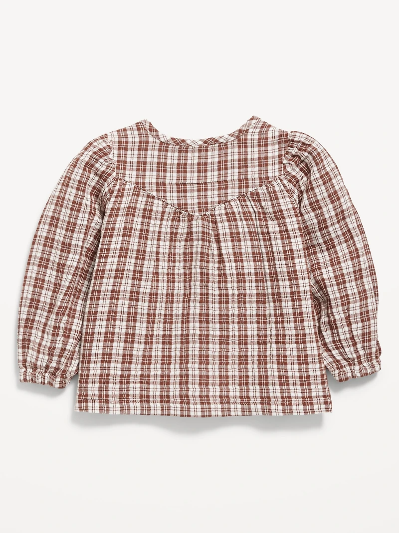 Printed Long-Sleeve Double-Weave Button-Front Top for Toddler Girls
