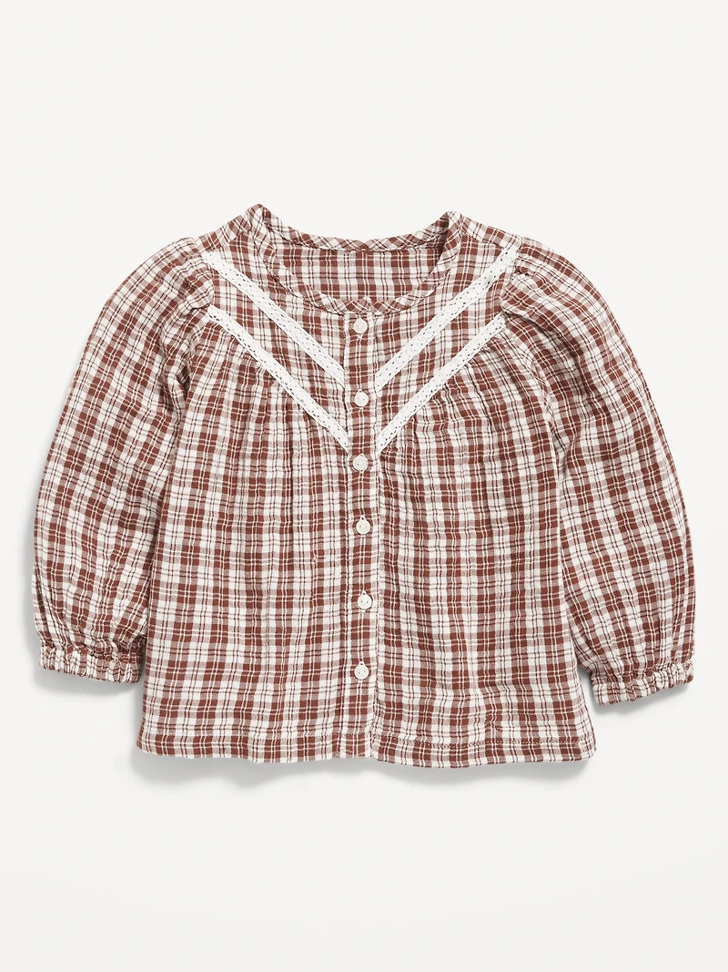 Printed Long-Sleeve Double-Weave Button-Front Top for Toddler Girls