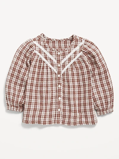 Printed Long-Sleeve Double-Weave Button-Front Top for Toddler Girls