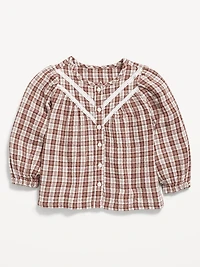 Printed Long-Sleeve Double-Weave Button-Front Top for Toddler Girls