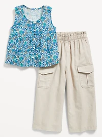 Printed Sleeveless Button-Front Top and Cargo Pants Set for Toddler Girls