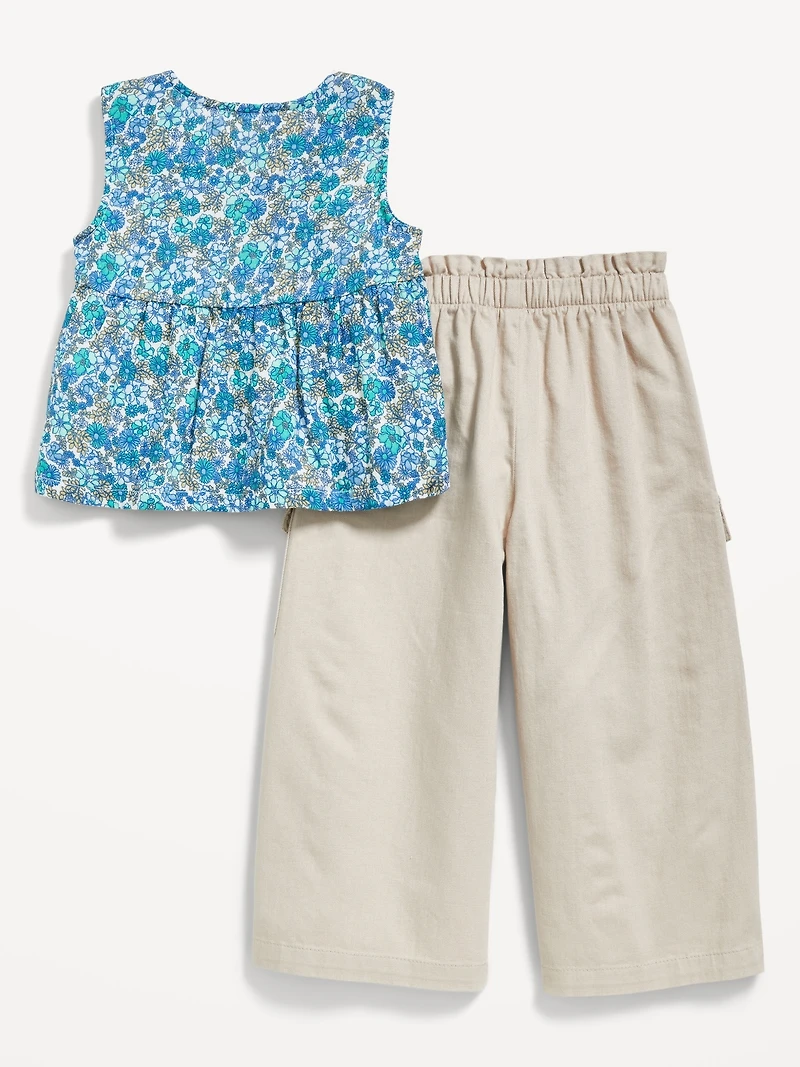 Printed Sleeveless Button-Front Top and Cargo Pants Set for Toddler Girls