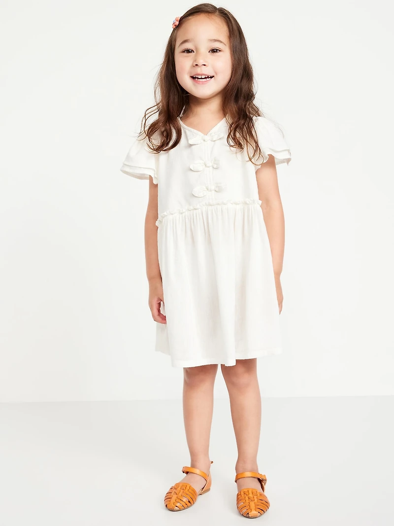 Printed Short-Sleeve Ruffled Bow Dress for Toddler Girls