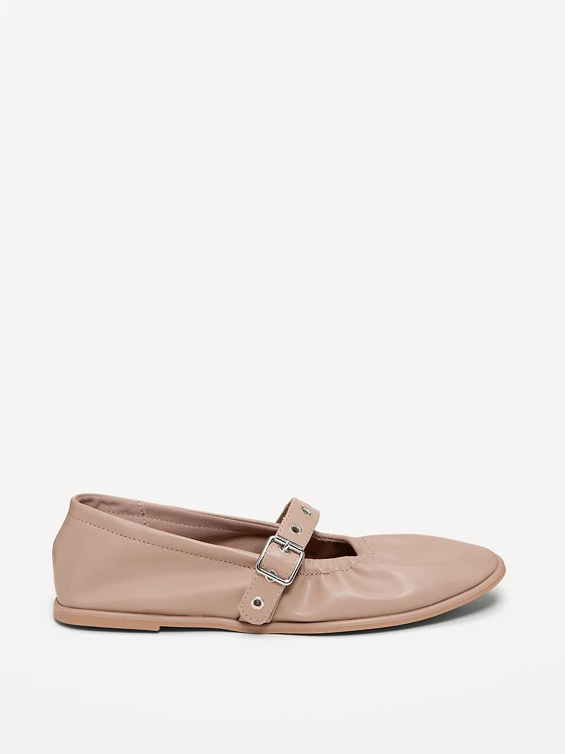 Faux-Leather Mary-Jane Scrunch Ballet Flats