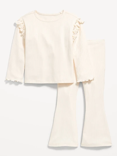 Long-Sleeve Ruffle-Shoulder Top and Flare Leggings Set for Toddler Girls