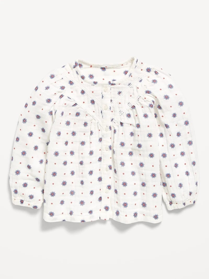 Printed Long-Sleeve Double-Weave Button-Front Top for Toddler Girls