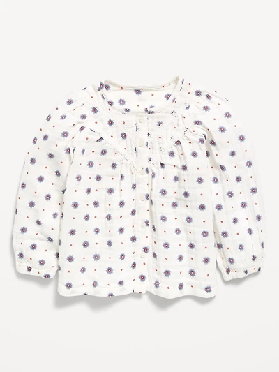 Printed Long-Sleeve Double-Weave Button-Front Top for Toddler Girls