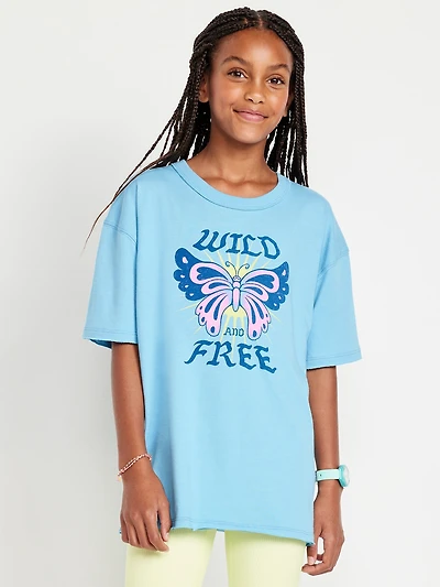 Oversized Short-Sleeve Graphic Raw-Edge T-Shirt for Girls
