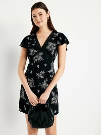 Fit & Flare Crepe Lace-Trim Mini Dress