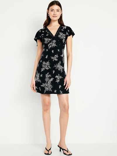 Fit & Flare Crepe Lace-Trim Mini Dress