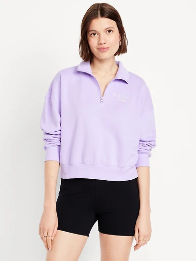 Oversized Logo-Graphic Cropped Half-Zip Pullover