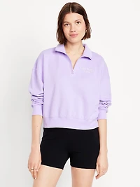 Oversized Logo-Graphic Cropped Half-Zip Pullover