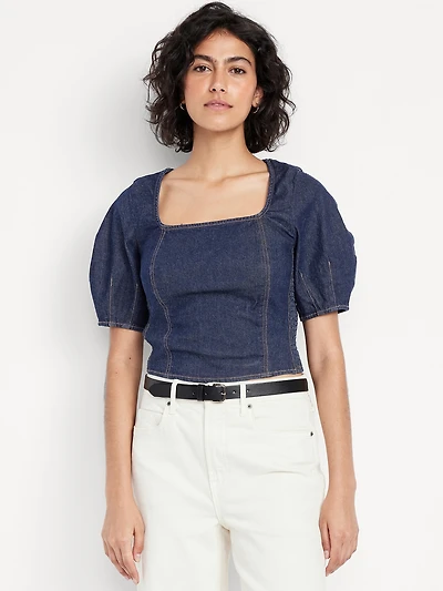 Square-Neck Denim Cropped Top