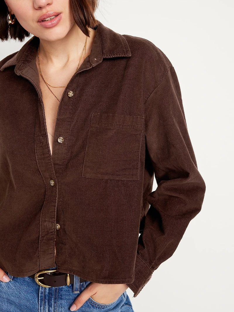 Cropped Button-Down Corduroy Shirt