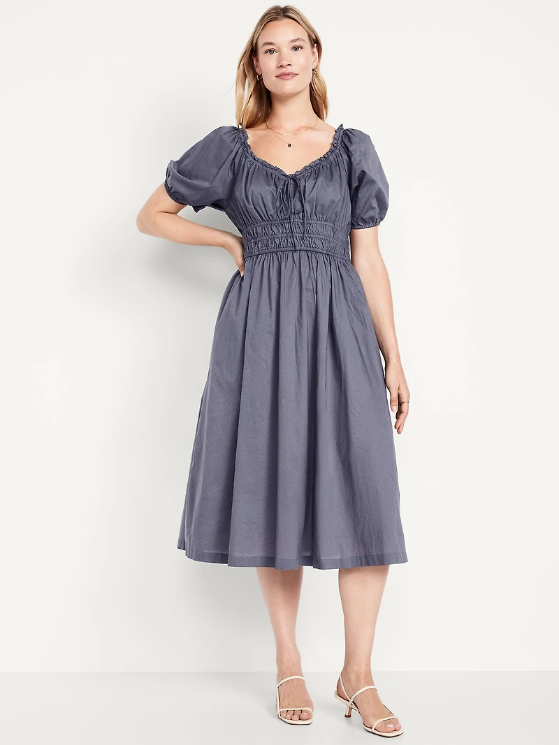 Fit & Flare Puff-Sleeve Midi Dress