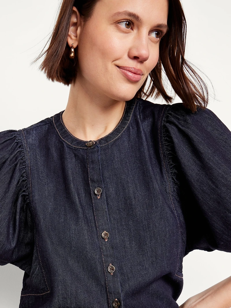 Puff-Sleeve Button-Down Cropped Shirt