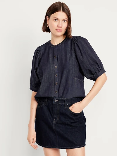 Puff-Sleeve Button-Down Cropped Shirt