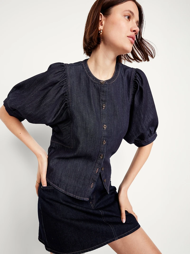 Puff-Sleeve Button-Down Cropped Shirt