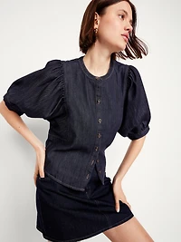 Puff-Sleeve Button-Down Cropped Shirt