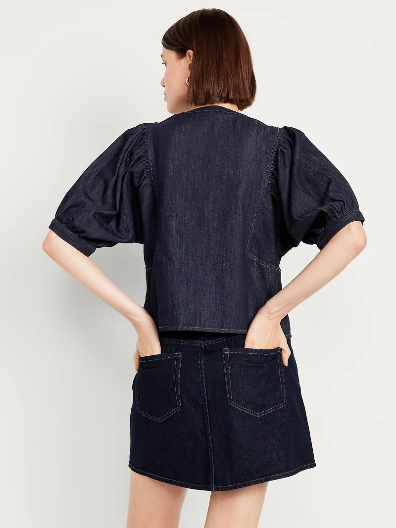 Puff-Sleeve Button-Down Cropped Shirt