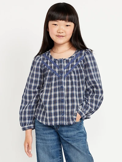 Long-Sleeve Lace Trim Button-Front Top for Girls