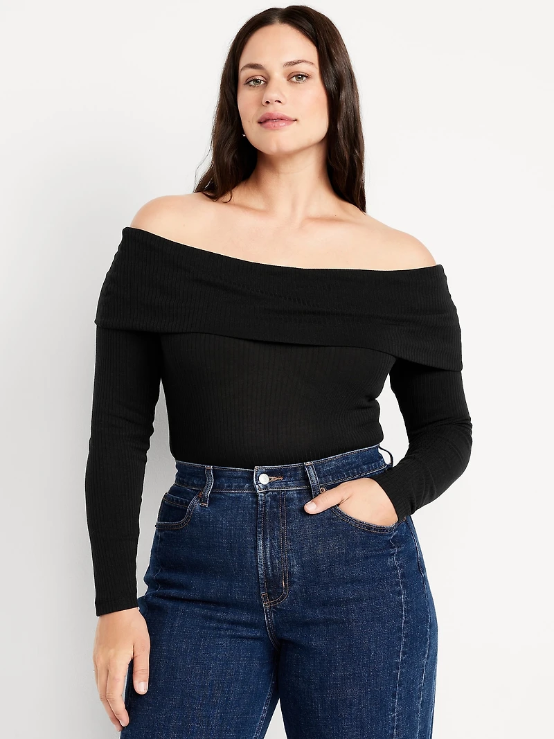 Off-Shoulder Long-Sleeve Ribbed Top