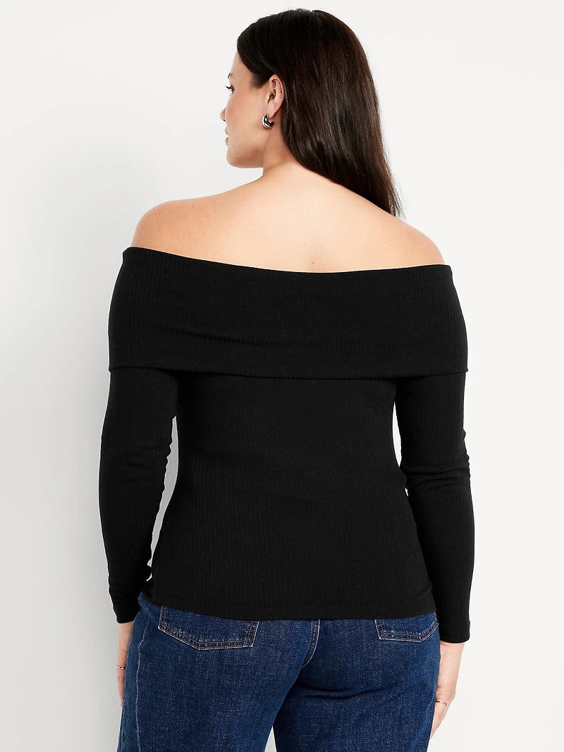 Off-Shoulder Long-Sleeve Ribbed Top