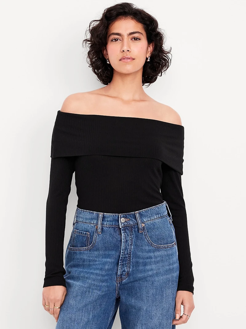 Off-Shoulder Long-Sleeve Ribbed Top