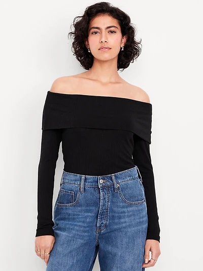 Off-Shoulder Long-Sleeve Ribbed Top