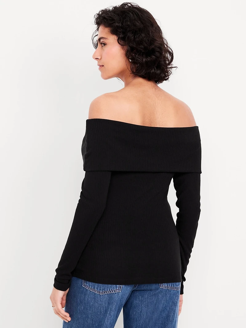 Off-Shoulder Long-Sleeve Ribbed Top