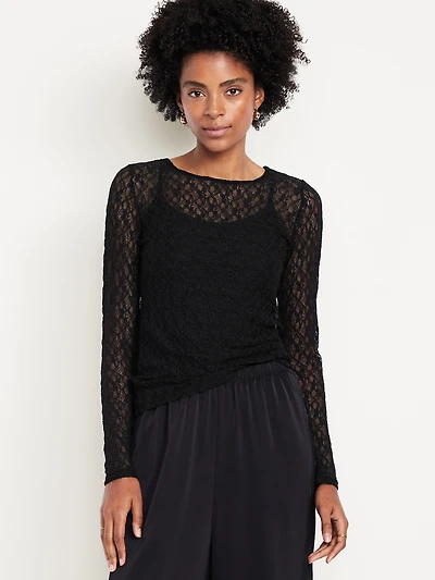 Long-Sleeve Lace Crew-Neck Top