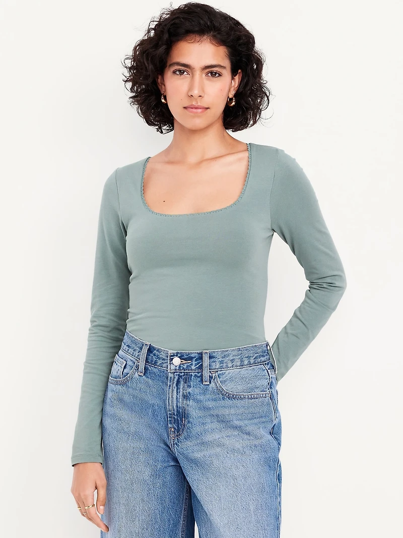 Fitted Double-Layer Scoop-Neck Top