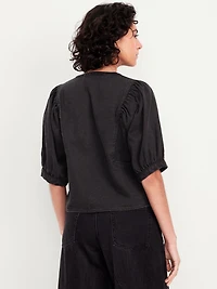 Puff-Sleeve Button-Down Cropped Shirt