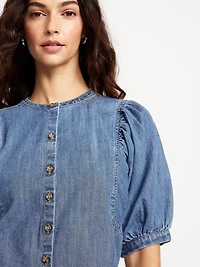 Puff-Sleeve Button-Down Cropped Shirt