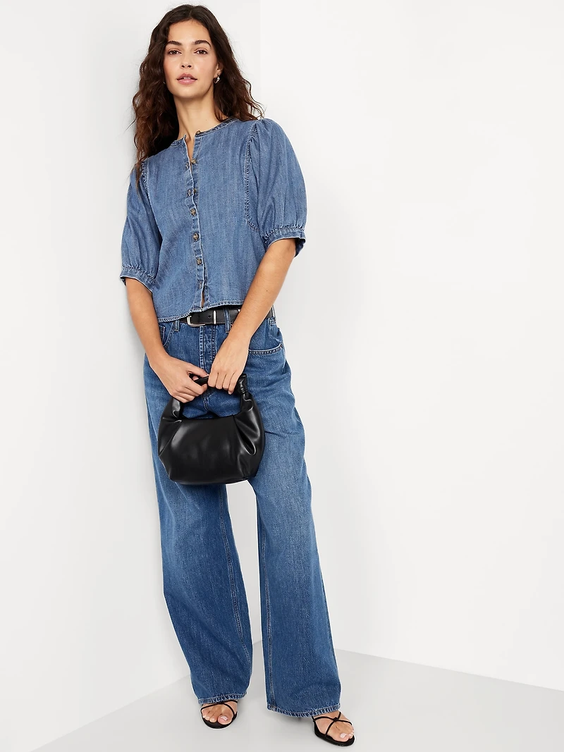 Puff-Sleeve Button-Down Cropped Shirt