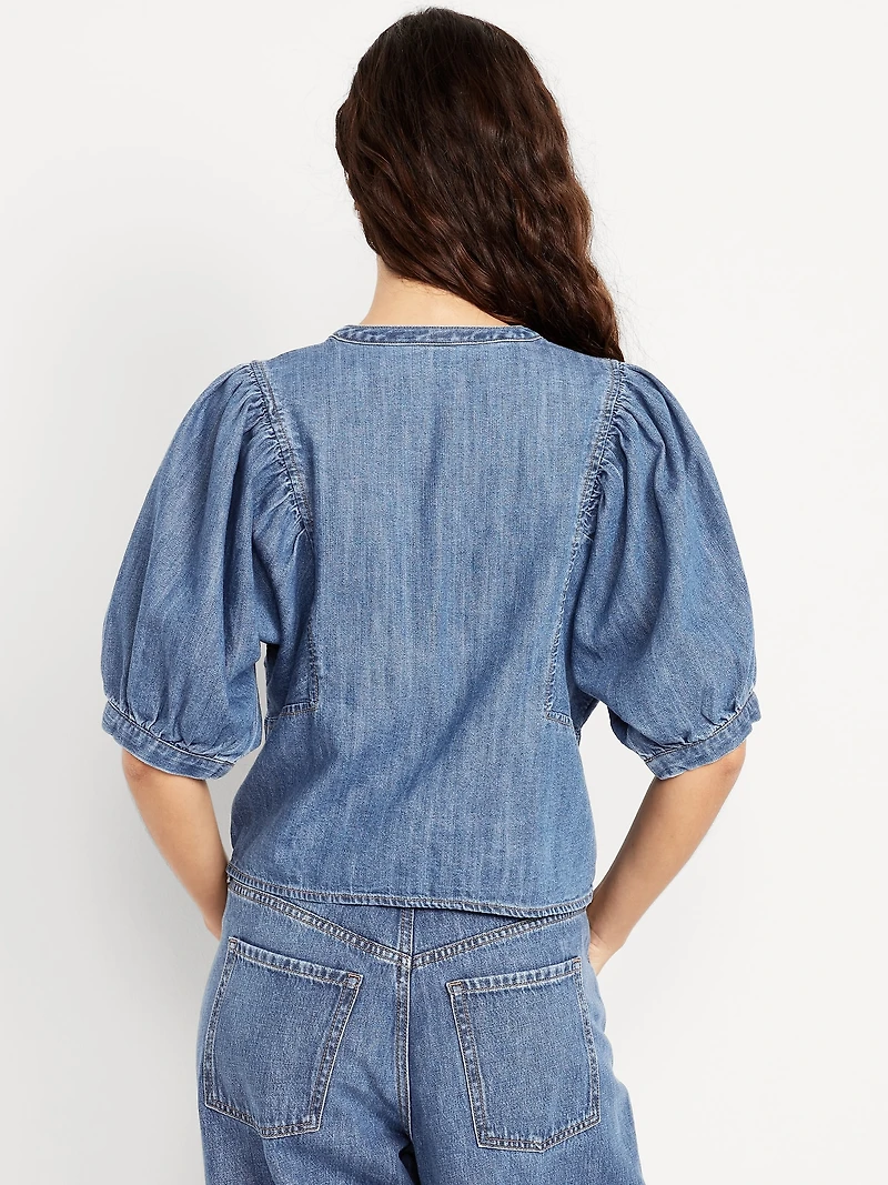 Puff-Sleeve Button-Down Cropped Shirt