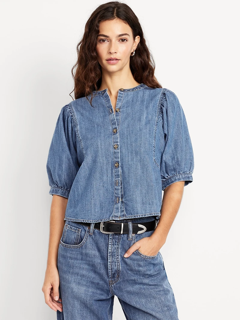 Puff-Sleeve Button-Down Cropped Shirt