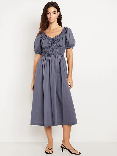 Fit & Flare Puff-Sleeve Midi Dress