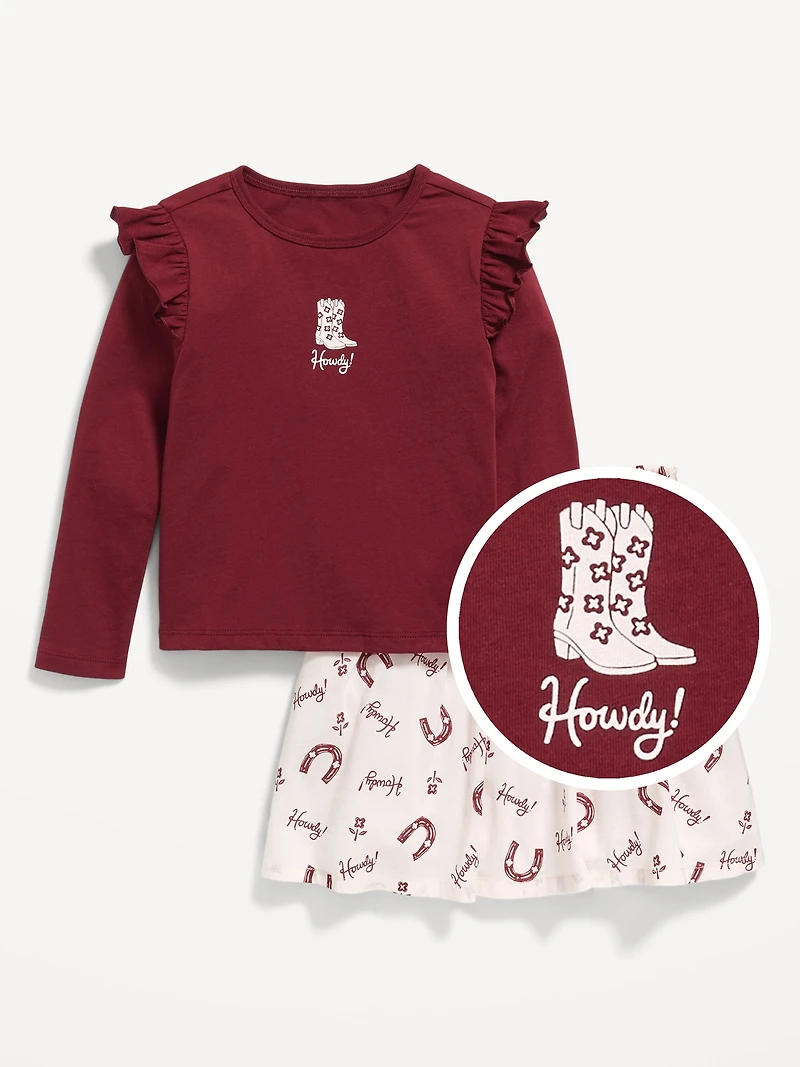 Long-Sleeve Ruffle T-Shirt and Skirt Set for Toddler Girls