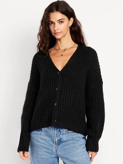 Wool-Blend Shaker-Stitch Cardigan Sweater