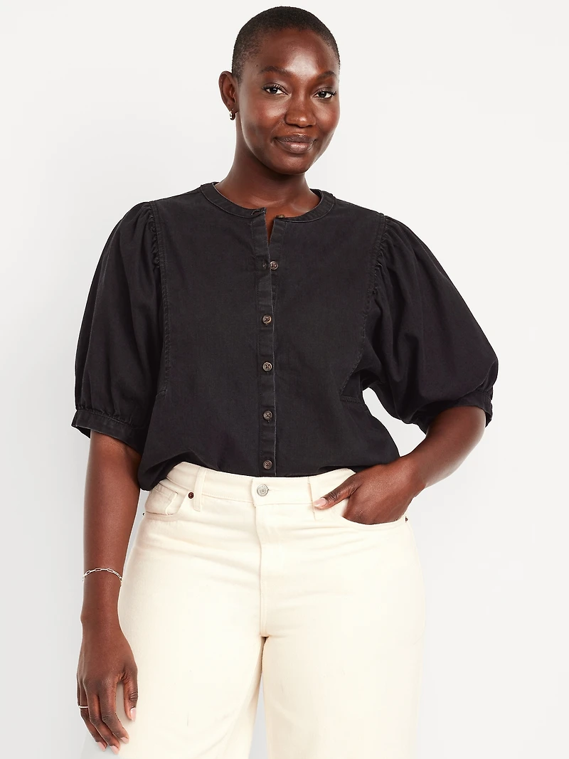 Puff-Sleeve Button-Down Cropped Shirt