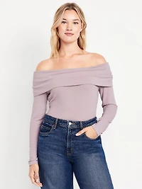 Off-Shoulder Long-Sleeve Ribbed Top