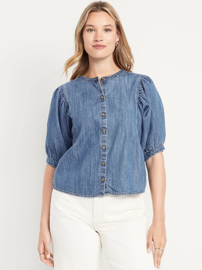 Puff-Sleeve Button-Down Cropped Shirt