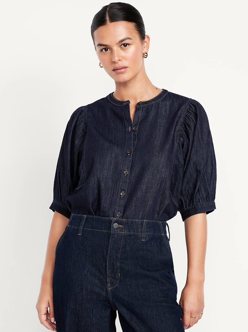 Puff-Sleeve Button-Down Cropped Shirt